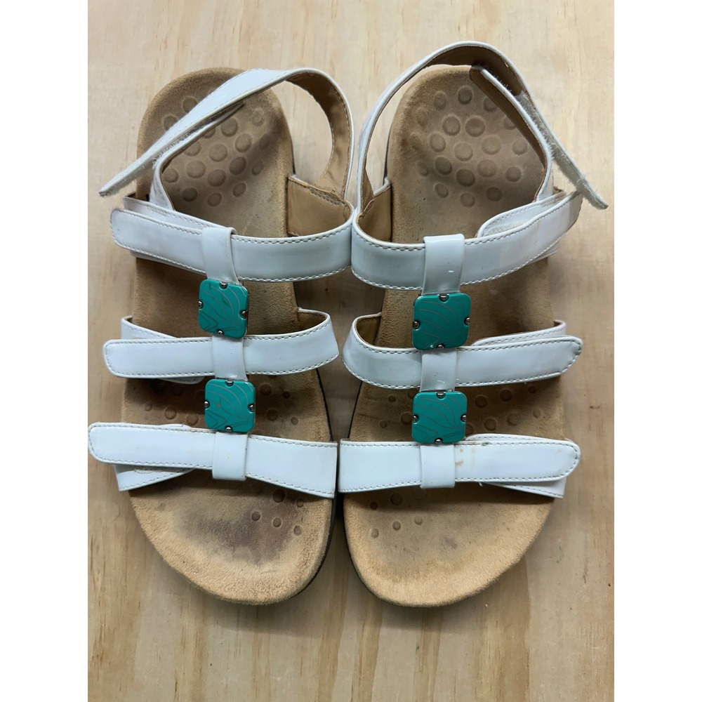Vionic Amber White Patent Leather Orthotic Sandals Teal Charms Womens 8 Wide